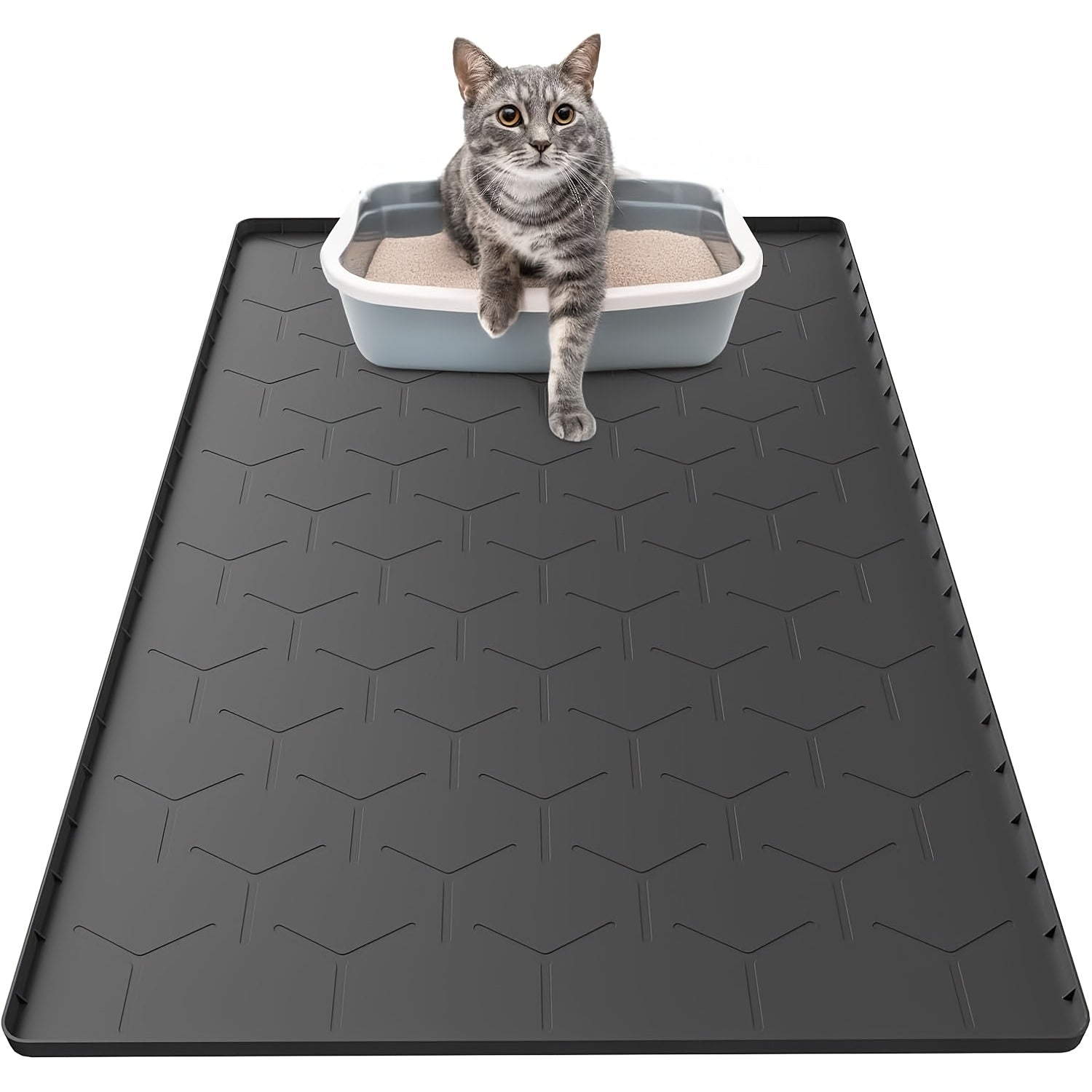 Large Mat for Cat Litter, Measuring 34" X 22", Made of Silicone And Easy to Clean, in Gray Color