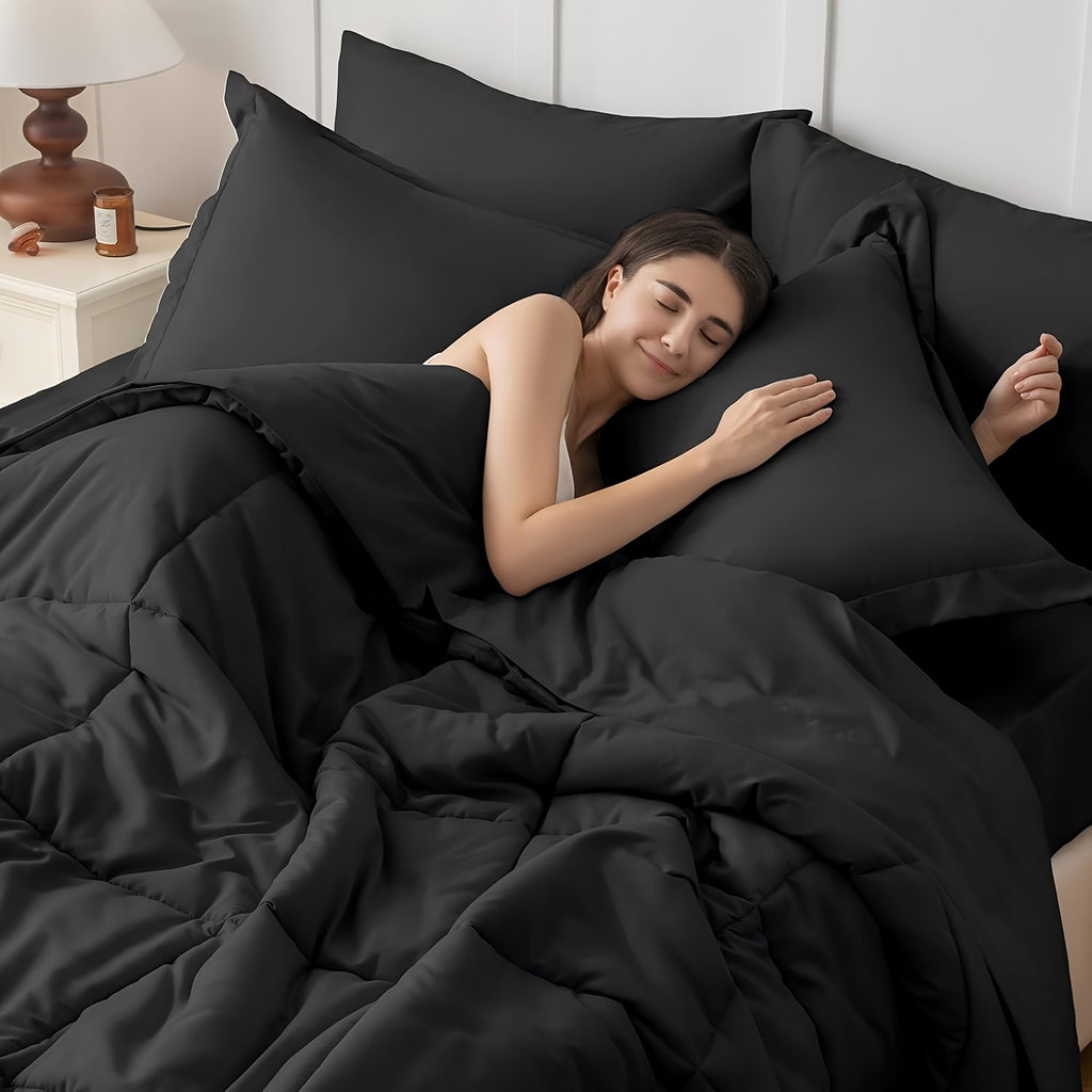 7pcs Comforter Set - Black Bed in A Bag Ultra-Soft - Goose Down Alternative - Premium 1800 Series with Comforter, Sheets, Shams And Pillowcases