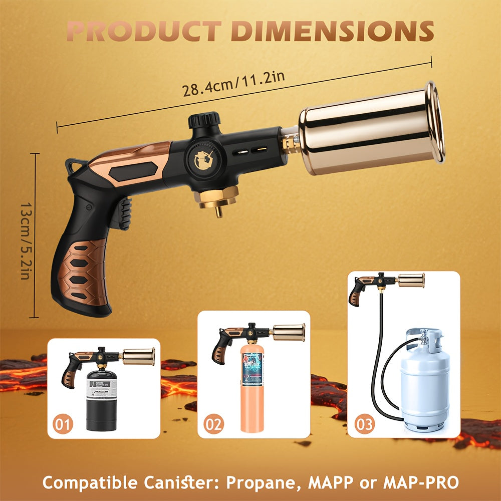 Propane Torch Burner for BBQ Searing Steak Cooking, Adjustable Flame Culinary Torch Gun, Campfire Starter Sous Vide Welding Tool, Ergonomic Grip, 1800°C (Gold, Propane Tank Not Included)