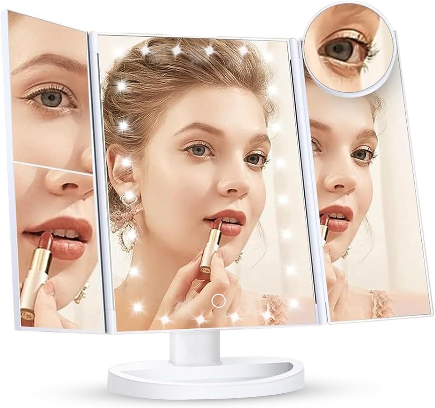 Tri-Fold LED Vanity Makeup Mirror 1x/2x/3x Magnification – 21 LED Lights, Touch Dimmer, 180° Rotation – Lighted Dressing Mirror for Women – Tabletop Makeup & Travel Mirror