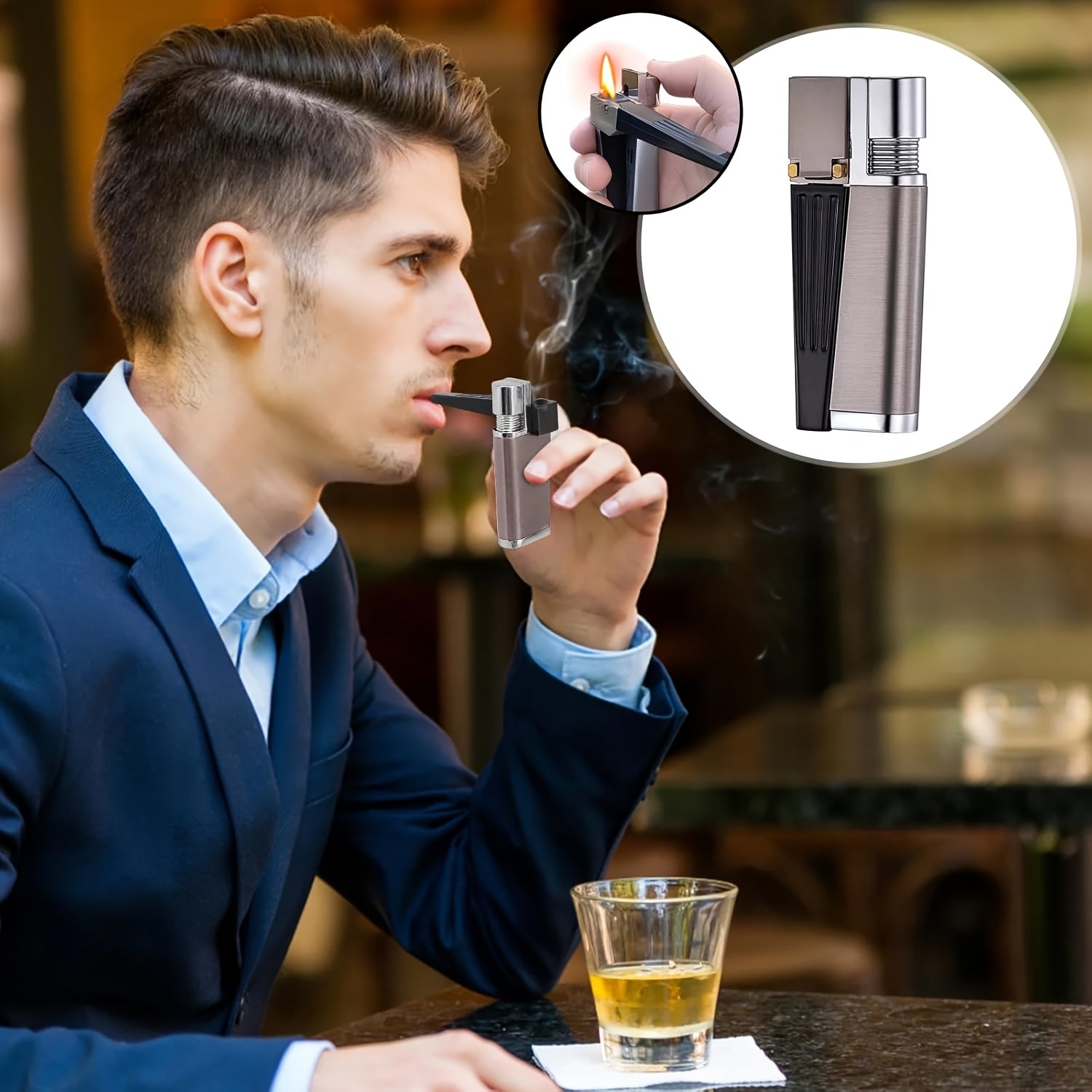 2-in-1 Pipe Lighter Folding Metal Butane Lighter with Pipe & Filter, Portable Multi-Purpose Open Flame Lighter for Men Smokers, Outdoor Camping Barbecue Kitchen – Refillable Butane Burner
