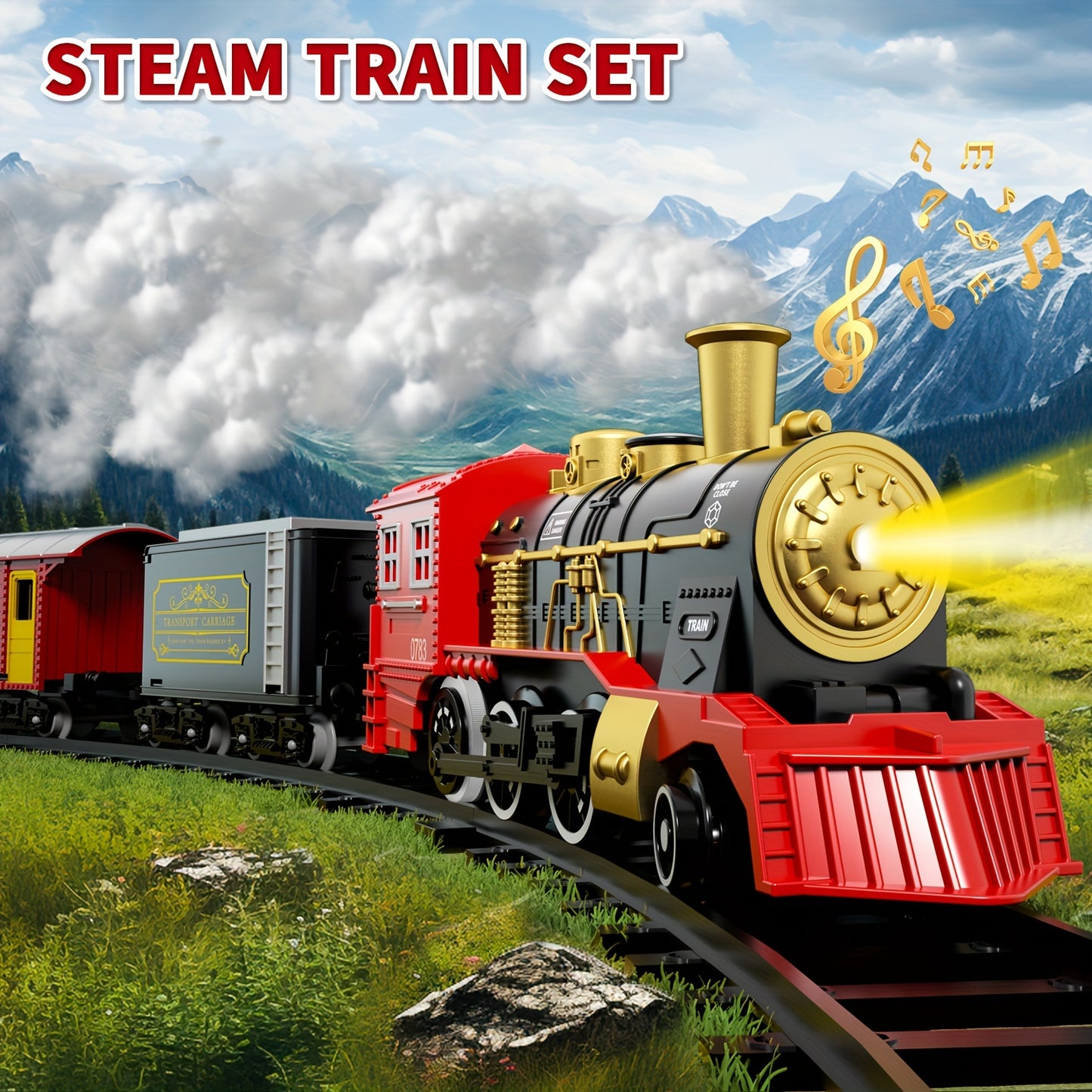 Electric Train Set for Kids with Lights & Sound – Steam Locomotive Engine with Tracks, Classic Christmas Birthday Toy Gift for Boys and Girls