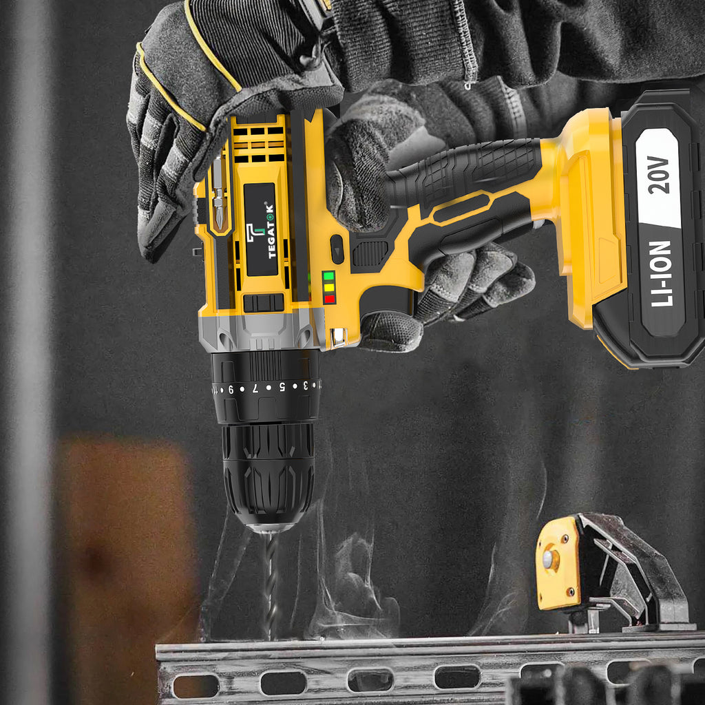 20V Cordless Drill Tool Set, Equipped with Drill and Electric Screwdriver, Speed and Torque Adjustment Function, Suitable for Home Improvement, Industrial Concrete Walls Wood and Metal, Effortless Hole Drilling and Screw Tightening