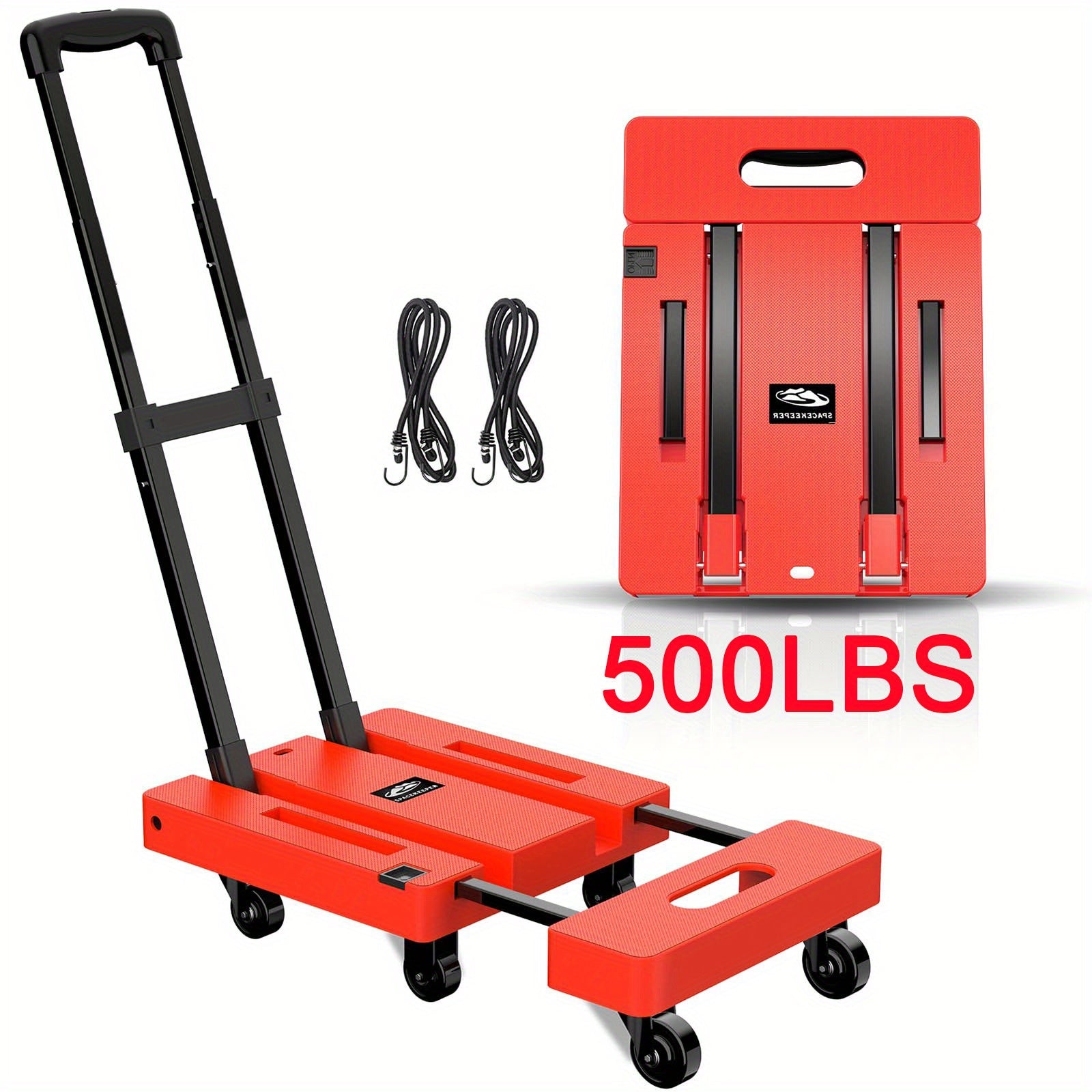 Folding Hand Truck 500 Lbs Heavy Duty, 6-Wheel Collapsible Dolly Cart with Extendable Base, Adjustable Telescoping Handle, 2 Elastic Ropes, Portable Luggage Cart for Moving Shopping Travel Industry