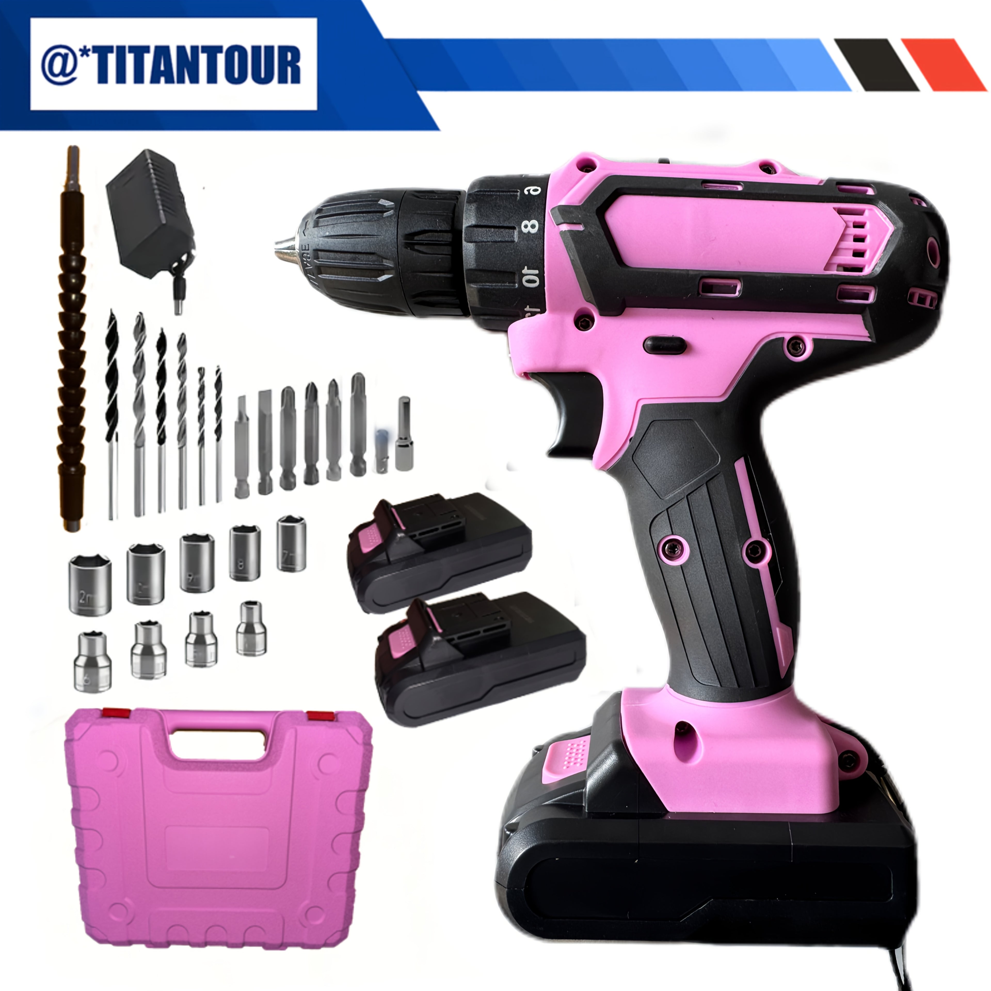 Industrial Power Tool Set 24pcs Pink Brushless Drill OR 65pcs CrV Tool Kit | 21V Dual Li-ion(2×1200mAh) | 18+1 Precision Torque | Steel Construction/Production Maintenance | Professional Anti-Shock Case
