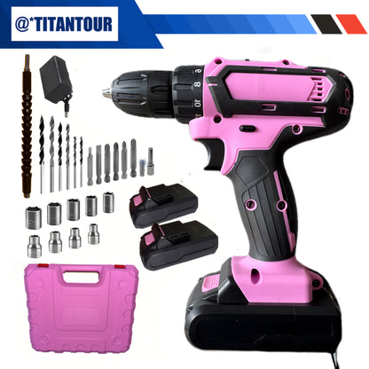 21V Brushless Drill & Tool Kit – 65PC Green CrV Set or 24PC Pink Cordless Drill, Dual Li-Ion Battery, 18+1 Torque, Anti-Shock Case for Home DIY Construction Maintenance Canada