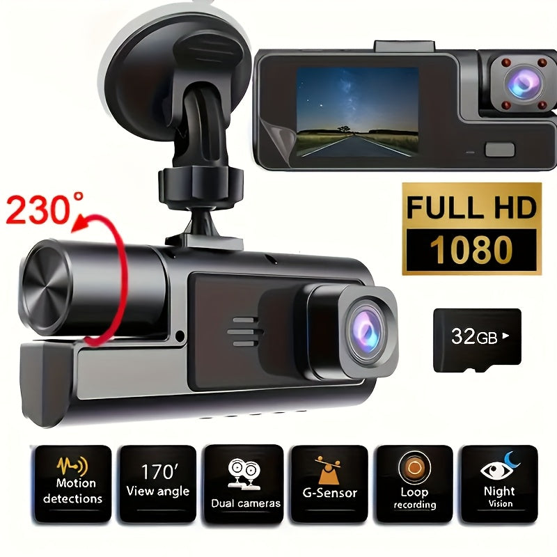 Dual Dash Cam Front 1080P And Cabin 720P, 170° Wide Angle, Night Vision, 24H Parking Monitor, G-Sensor, Loop Recording, Suction Cup Mount, Vehicle Recording, Compact Design, Reliable Recording, Longdistance Drivers, Christmas And Halloween Gift