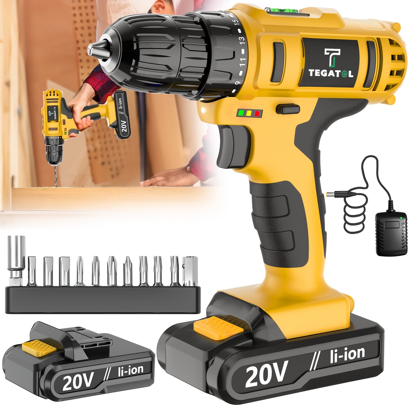 20V Cordless Impact Drill 35Nm Max Torque, 18+3 Torque Settings, 3/8" Keyless Chuck, Built-in LED Light, 2.0Ah Battery, Drills Concrete Walls Tightens Screws, Perfect Gift for DIY & Professionals