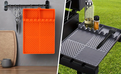 Silicone Grill Mat & Spatula Pad – Heat-Resistant Non-Slip Utensil Holder with Drip Tray for Blackstone Griddle, Outdoor BBQ & Kitchen Counter, 16x11.5", Dishwasher Safe, Orange, 1-Pack 2-Pack