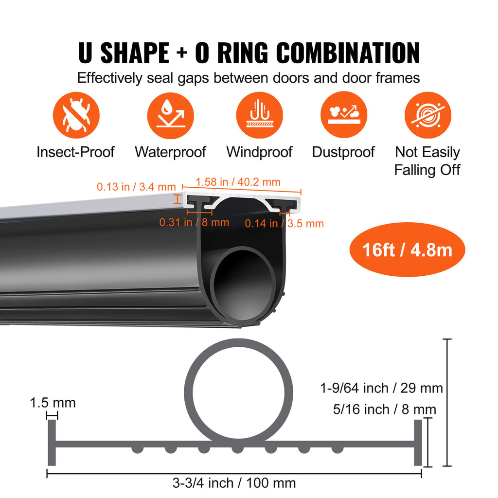 VEVOR Garage Door Seals Bottom, U Shape +O Ring Combination Garage Door Bottom Weather Seal, 10/16/20ft Weatherproofing Garage Door Seal, 5/16 inch T-ends and 3 3/4 inch Width, for Doors, Black