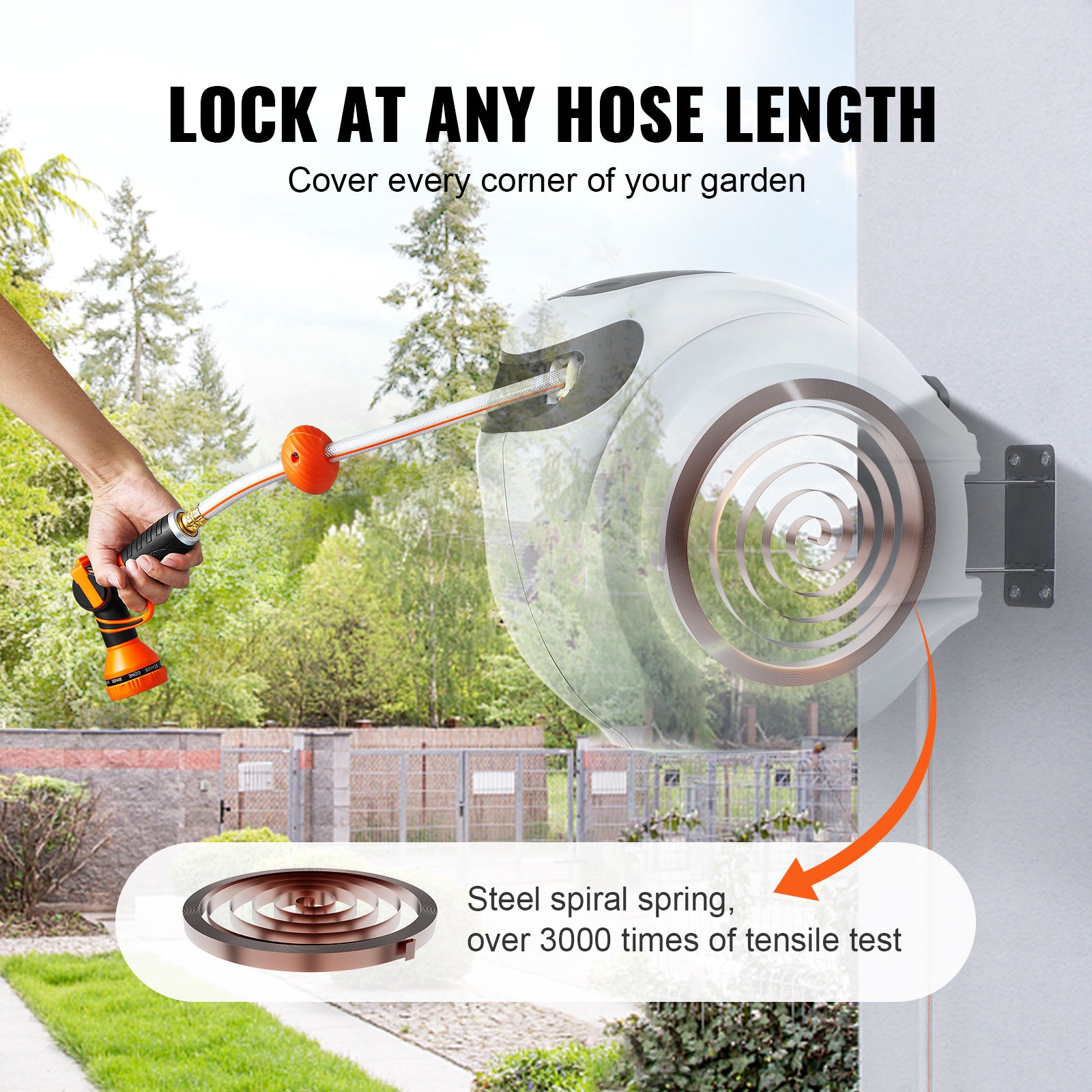 VEVOR Retractable Hose Reel Water Hose Reel 65'x5/8" / 84'x5/8" / 100'x1/2" / 115'x1/2" / 130'x1/2" 180° Swivel Wall-Mounted