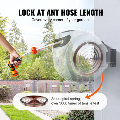 Retractable Hose Reel Wall Mounted 180° Swivel - Auto Rewind Garden Water Hose Reel 65 to 130 Ft with 9-Pattern Nozzle, Locking System & All-Weather Shell for Lawn, Car Wash & Pet Cleaning