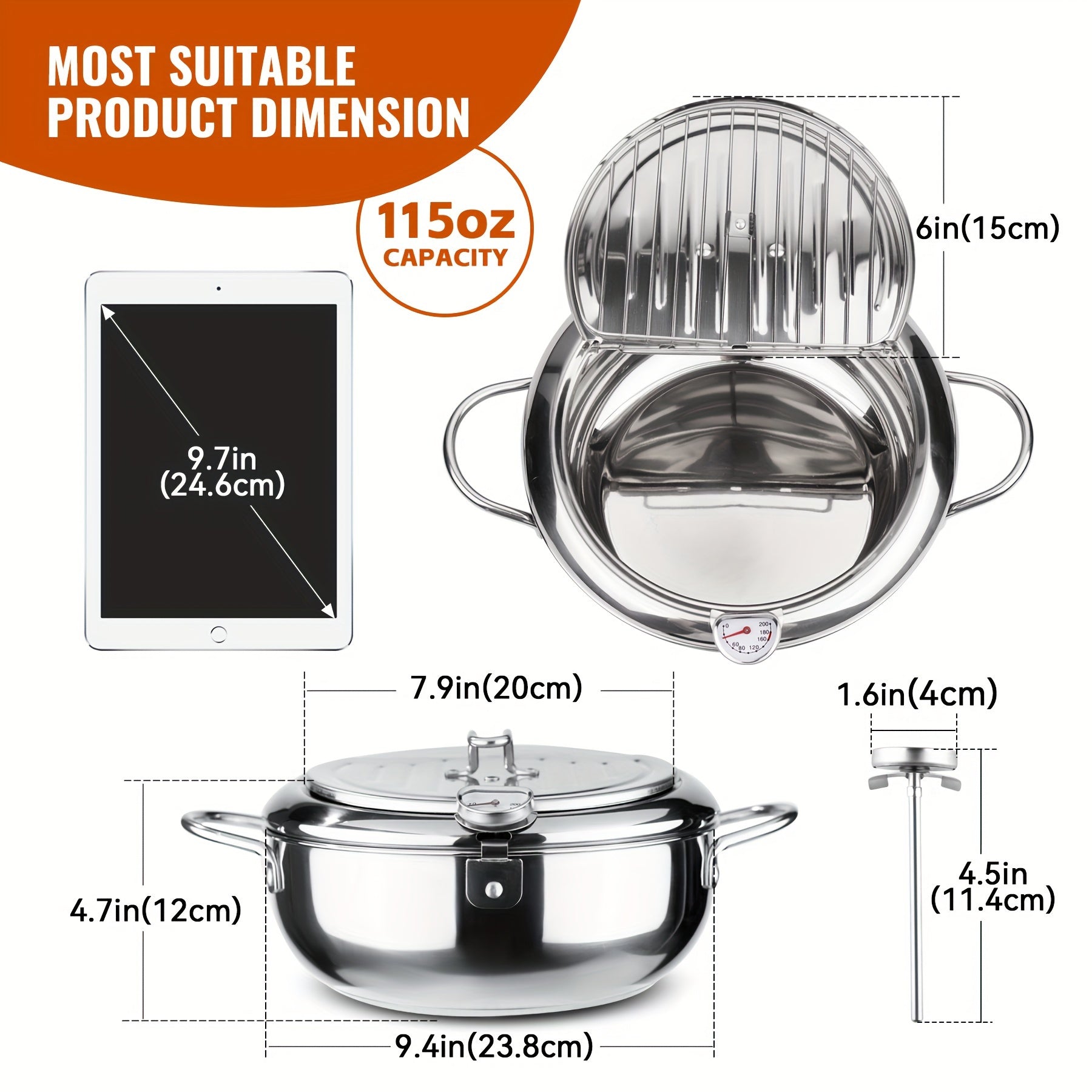 9.4" Stainless Steel Frying Pan with a Thermometer, Compatible with Both Gas Stove And Induction Cooker, Japanese-Style, Large Capacity, Precise Temperature Control, And Healthy Oil Drainage, Suitable for Frying Food in The Kitchen