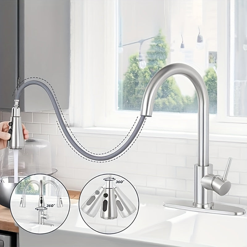 Pull Out Kitchen Faucet Brushed Nickel – Single Handle High Arc Stainless Steel Sink Faucet with Pull Down Sprayer for Farmhouse, RV, Bar, Laundry & Camper