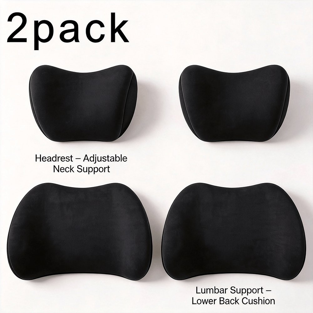 Car Headrest & Lumbar Support Cushion Set – Ergonomic Foam, Breathable Mesh | Black, Grey, Pink, Blue, Brown