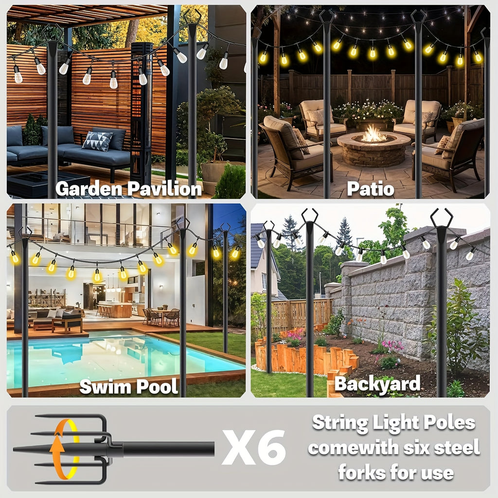 String Light Poles for Outside Thickened Metal Hanger Pole with Fork - Outdoor Lighting Post for Patio, Garden, Backyard, Yard & Front Porch Decor, 2, 4, 6 or 8 Pack