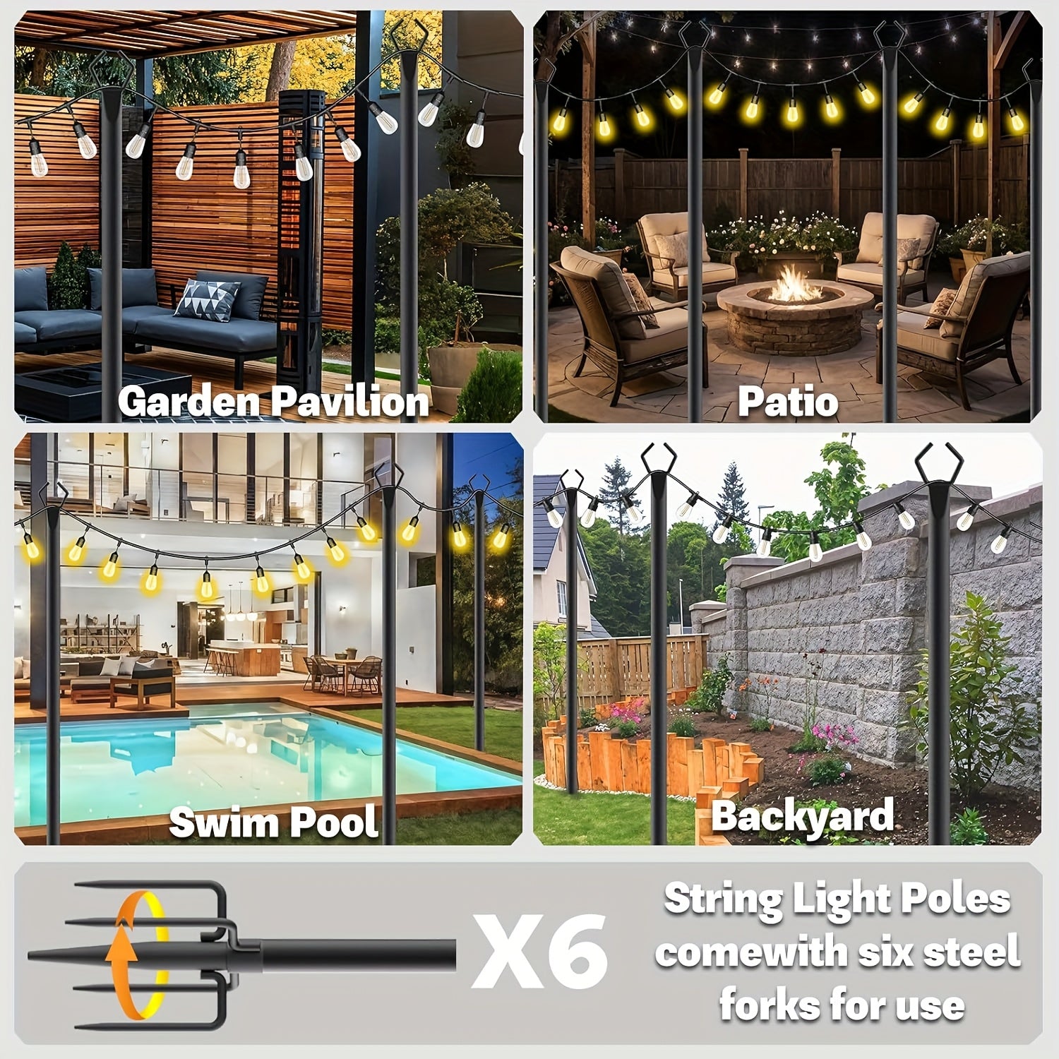 String Light Poles for Outside Thickened Metal Hanger Pole with Fork - Outdoor Lighting Post for Patio, Garden, Backyard, Yard & Front Porch Decor, 2, 4, 6 or 8 Pack