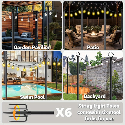 String Light Poles for Outside Thickened Metal Hanger Pole with Fork - Outdoor Lighting Post for Patio, Garden, Backyard, Yard & Front Porch Decor, 2, 4, 6 or 8 Pack