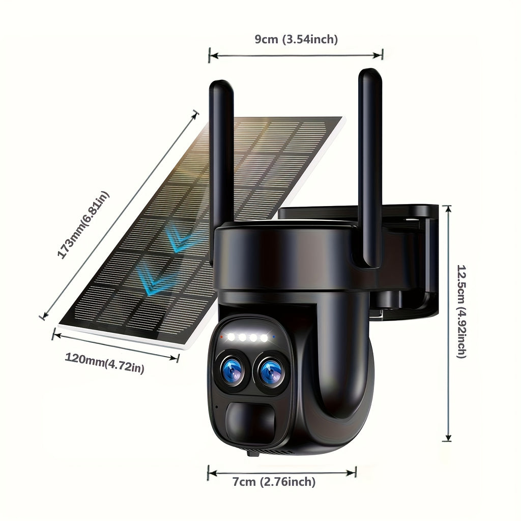 2pcs/1pc 1296P Solar Outdoor Security Camera, Dual Lens Dual Screen Security Camera, Upgrade To 5GHz Dual Lens WiFi Stable Connection, Bt Connectivity, Automatic Human Tracking PTZ - 355° Coverage &, Color Night Vision&Spotlight Alarm