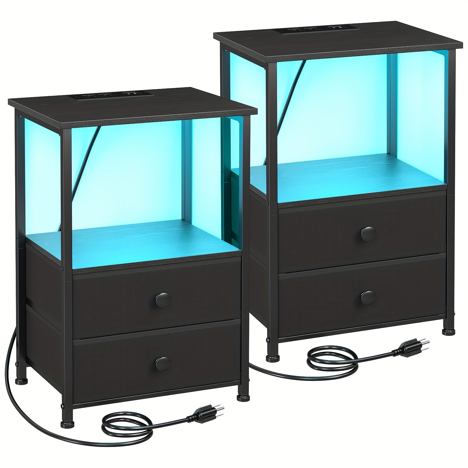Bedside Table with Charging Station & 2 Fabric Drawers – 4-Layer Storage Nightstand End Table for Bedroom Living Room, Black or Brown (Set of 1 or 2)