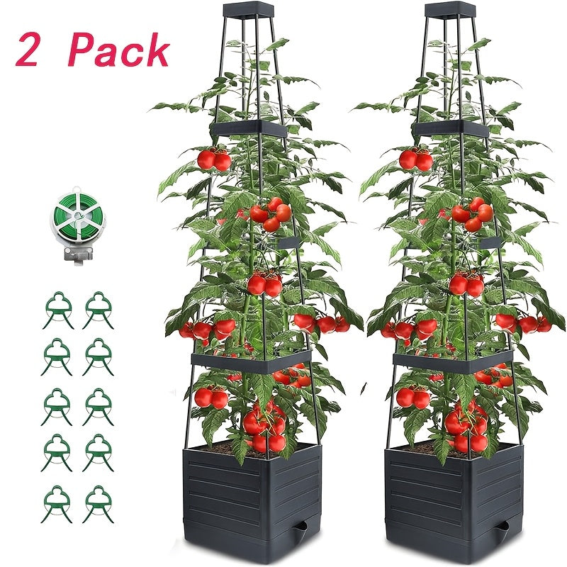 1 Pack/2 Packs Raised Garden Bed Tomato Planter with Trellis, 57" Tomato Cages for Climbing Vegetables Plant, Self Watering Planters Box for Garden Pots for Patio Greenhouse Indoor Outdoor