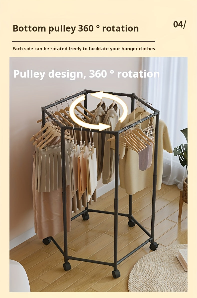 Rotatable Clothing Rack with Wheels – Sturdy 16mm Metal Hexagonal Freestanding Garment Hanger, Portable Vertical Clothes Storage for Bedroom, Laundry Room & Closet, Black or White