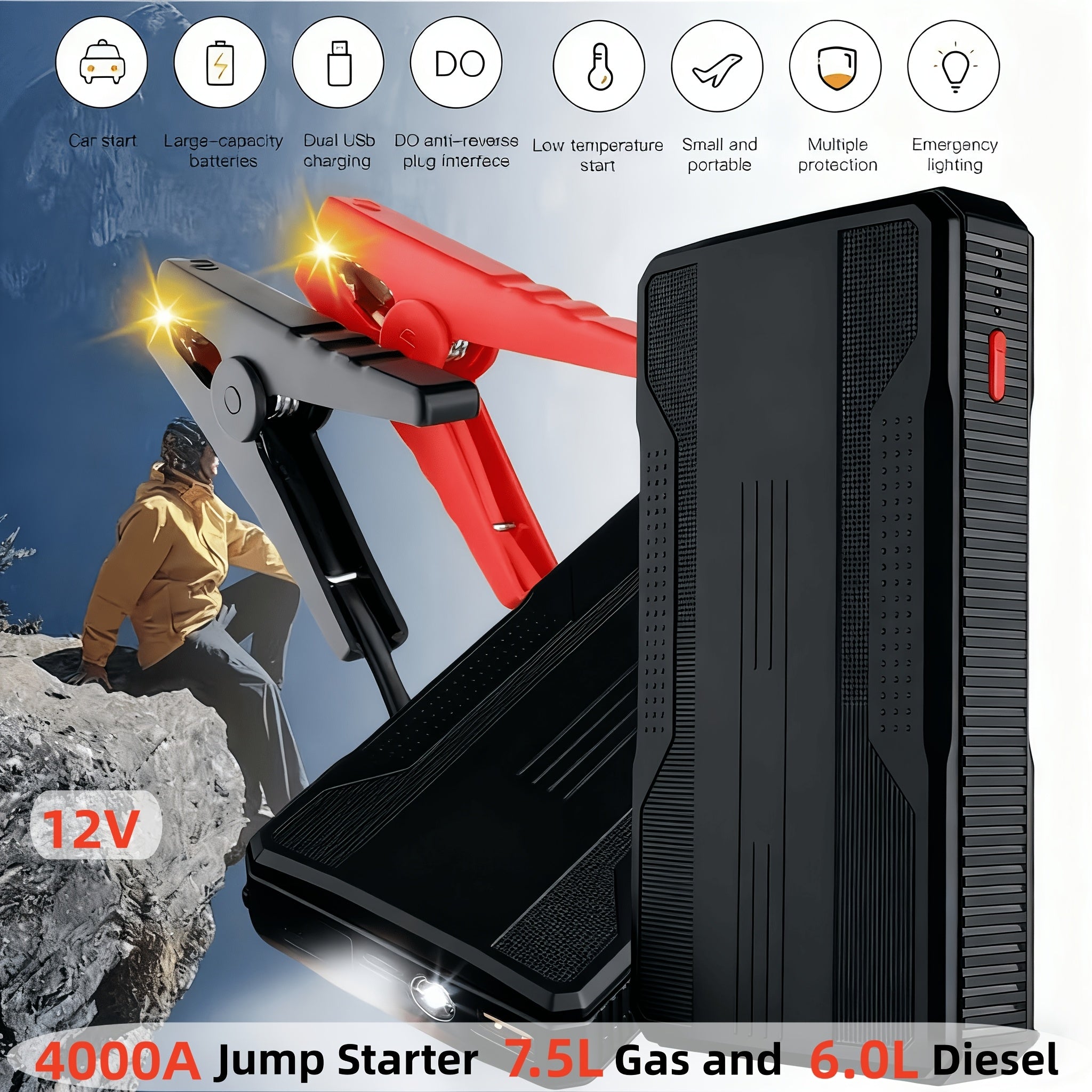 Car Jump Starter 5000A/6000A/8000A Portable Battery Booster Pack with USB Power Bank & LED Flashlight – 12V for Vehicles, Trucks & SUVs