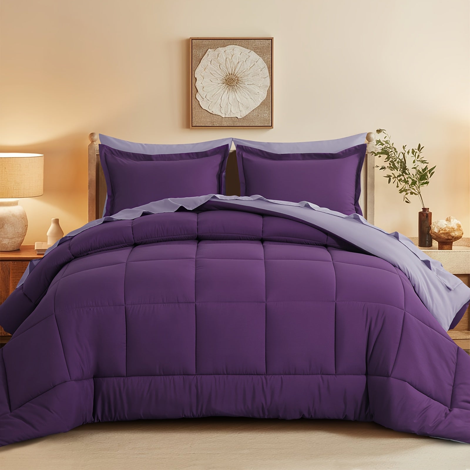 7pcs Reversible Bedding Set Soft Microfiber – Lightweight Breathable Comforter Flat Sheet Fitted Sheet & Pillowcases, All-Season Family Bedding Gift Set