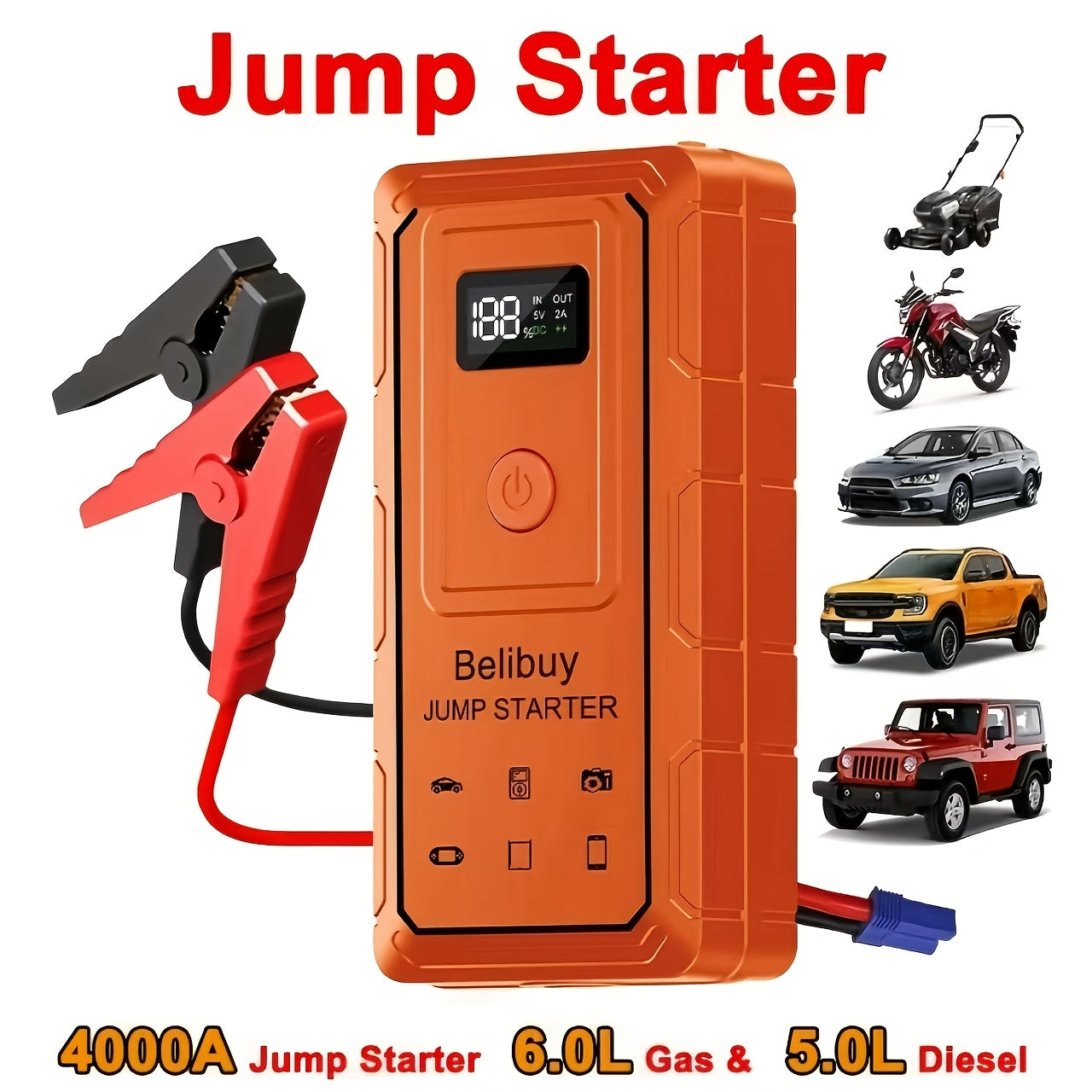 High-Power Portable Car Starter with 6000mAh Rechargeable Battery & USB Charging – Upgraded Emergency Booster for Vehicles Under 36V