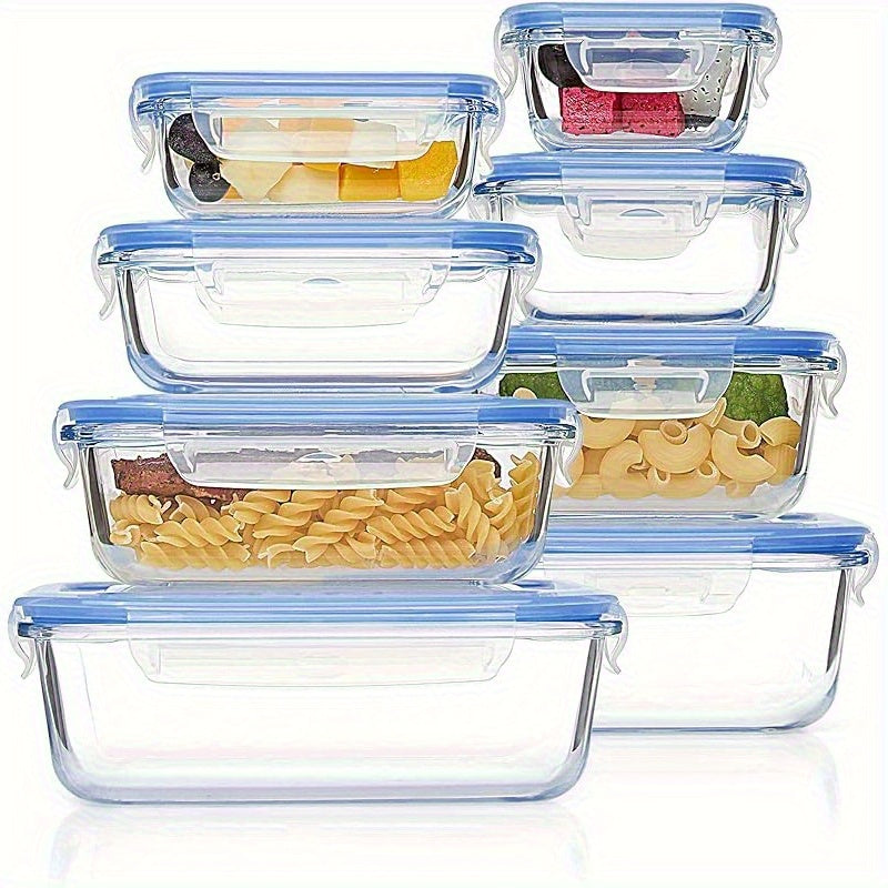 Airtight Glass Food Storage Containers 8pcs – Leak-Proof Borosilicate Meal Prep Containers with Locking Lids, Microwave, Oven, Freezer & Dishwasher Safe, Rectangular BPA-Free Storage Set for Kitchen & On-the-Go, Blue Multicolor