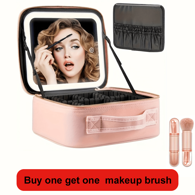 LED Lighted Makeup Bag with Mirror – Travel Cosmetic Train Case Organizer with 3-Tone Light, Adjustable Divider & Brush Board for Women – Perfect Christmas, Birthday & Holiday Gift