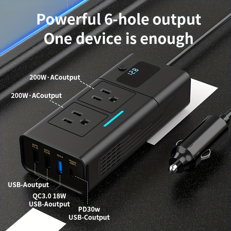 200W Car Power Inverter Newly Car Plug Adapter Outlet Charger DC 12V To 110V Car Inverter With 1. 2A&2. 4A USB, 1 QC3. 0 USB And 1 Type C Ports Black, Without Battery
