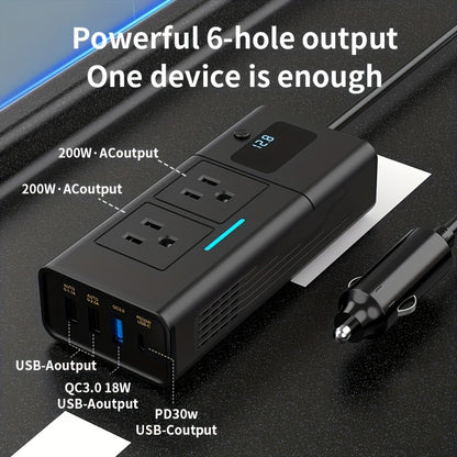 200W Car Power Inverter DC 12V to AC 110V – QC3.0 USB + Type-C + Dual USB Ports, Compact Car Plug Adapter for Laptops, Phones & Devices – Road Trip & Travel Canada