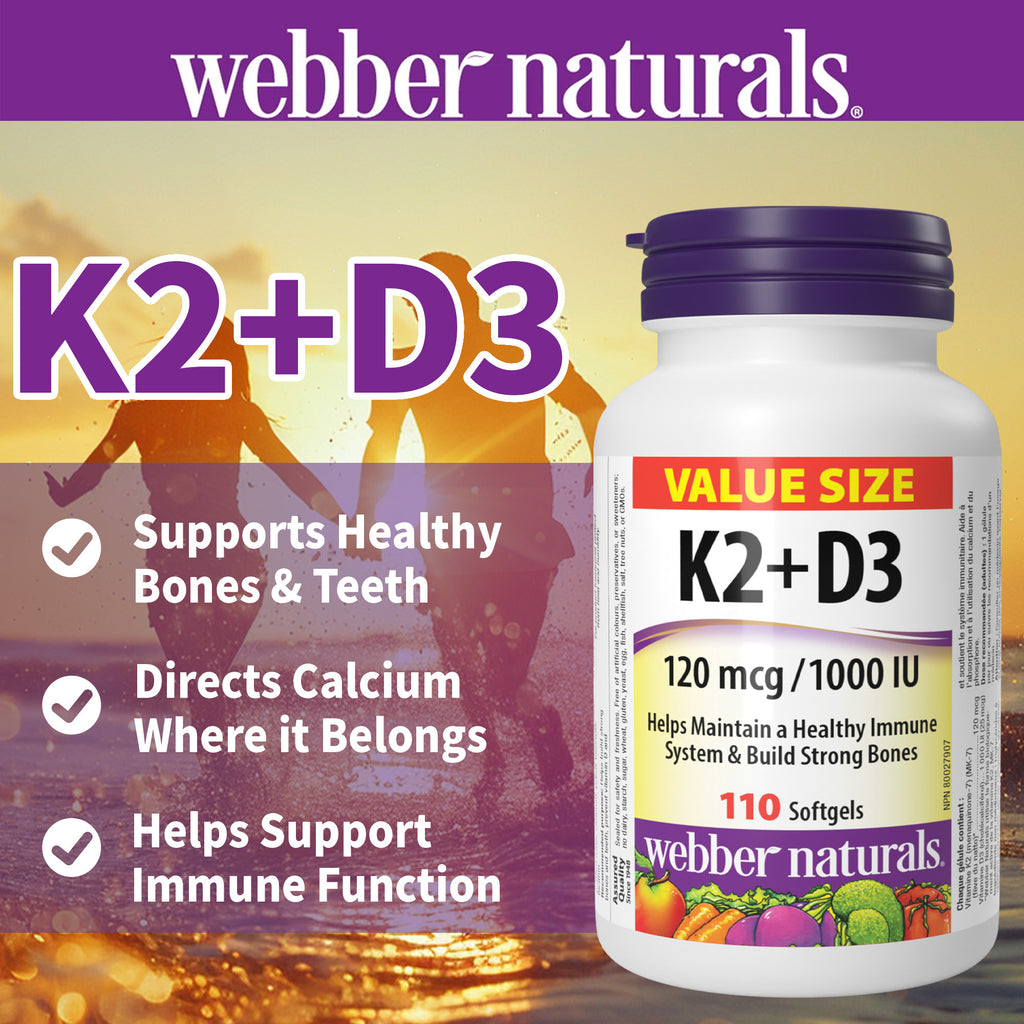 Webber Naturals Vitamin K2 with D3, 110 Softgels, MK-7 Formula, Helps Support Bones, Teeth, and Immune Function