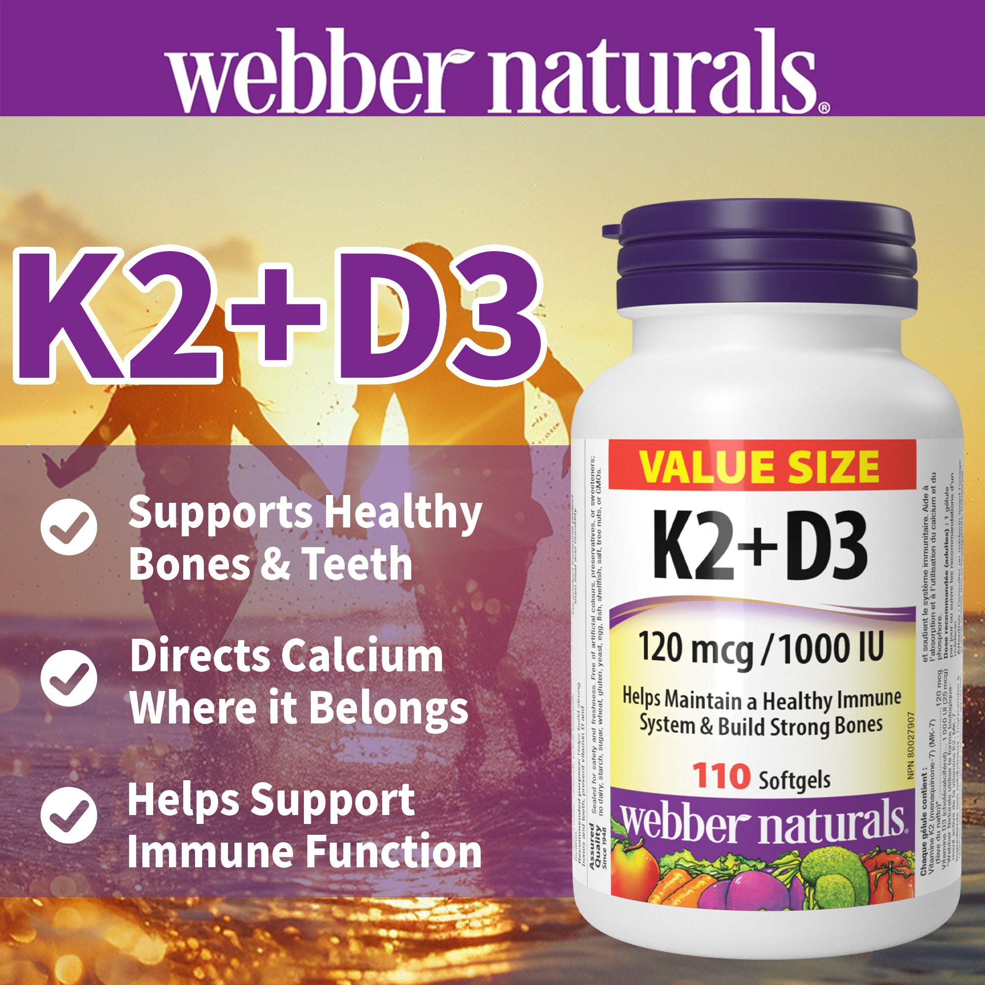 Webber Naturals Vitamin K2 with D3, 110 Softgels, MK-7 Formula, Helps Support Bones, Teeth, and Immune Function