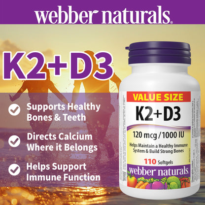 Vitamin K2 with D3 Supplement – MK-7 Formula, 110 Softgels, Supports Bone Density, Teeth & Immune Function, Guides Calcium to Bones, Highly Bioavailable | Webber Naturals | ShopVora CA