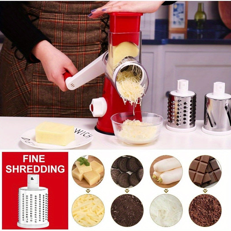 Rotary Cheese Planer Hand Crank Cheese Shredder Fresh Cheese, Vegetables, Nuts, Non-slip Suction Base, Free Cleaning Brush Three Blades, Red