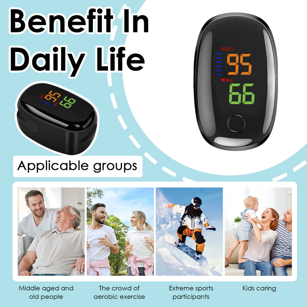 A Portable Fingertip Pulse Oximeter With A Black Design And OLED Display, Designed For Accurate And Rapid SpO2 Readings, Suitable For Heart Rate Monitoring At Home And Outdoors.