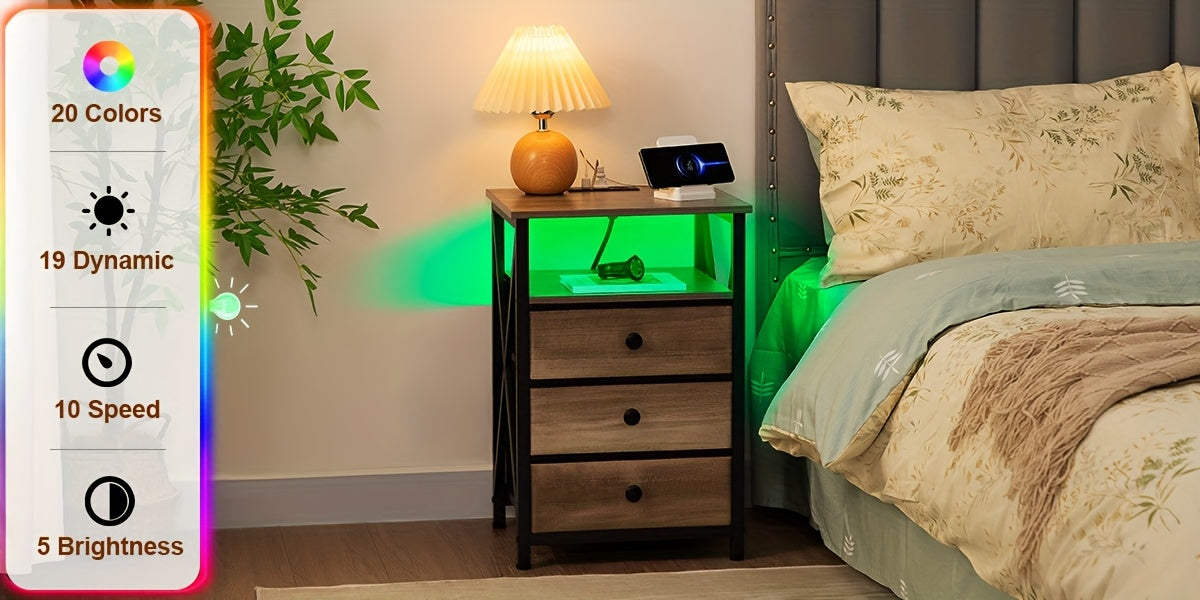 AMHANCIBLE Night Stand 1pc/2pcs, LED Nightstand With Charging Station, End Tables Living Room With Fabric Drawers, Better Storage, Bedside Table For Bedroom
