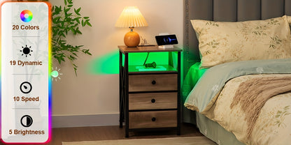 LED Nightstand with Charging Station & Fabric Drawers – Modern Bedside Table End Table for Bedroom Living Room, Better Storage (1pc or 2pcs Set)