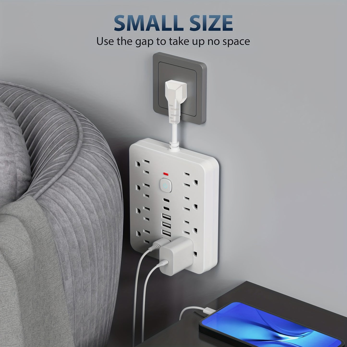 14-in-1 Power Strip Wall Mount – 8 Spacious AC Outlets, 6 USB Ports (2 USB-C), Overload Protection, One-Touch Master Switch, Extension Cord for Home Office & Den