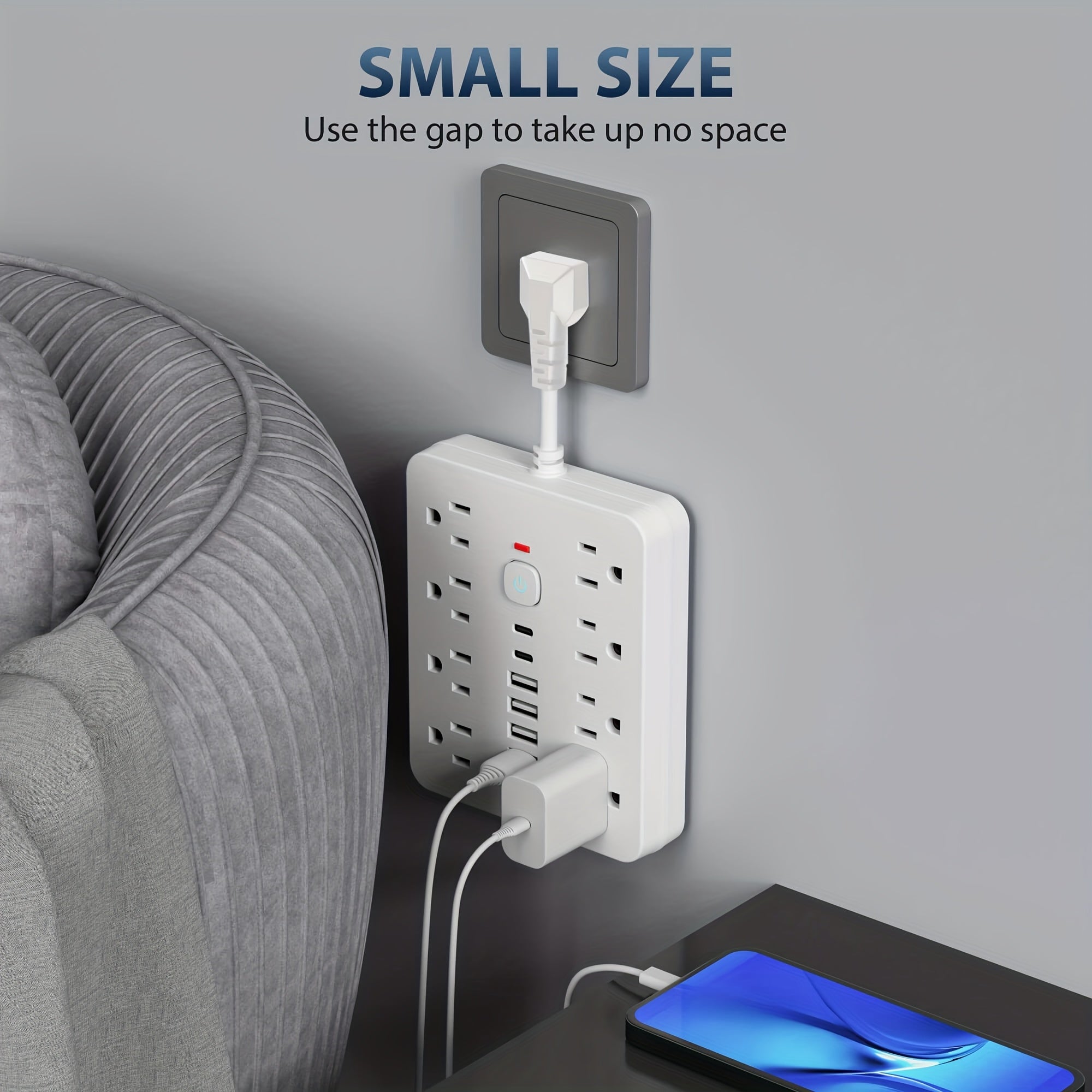 14-in-1 Power Strip Wall Mount – 8 Spacious AC Outlets, 6 USB Ports (2 USB-C), Overload Protection, One-Touch Master Switch, Extension Cord for Home Office & Den