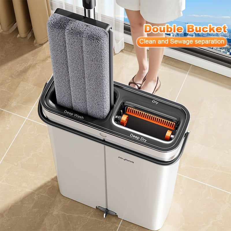 Flat Mop and Bucket with Wringer Set Hands-Free, Dual Compartment Wet Dry Separation Floor Cleaning System, 360° Rotating Head, 2 Reusable Microfiber Pads for All Floor Types Windows Walls