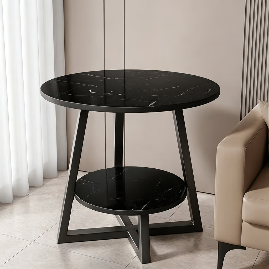 Multi-Purpose 2-Tier Round Coffee Table with Heavy-Duty Construction And Smooth Marble Effect Top, Stylish Storage End Table for Living Room, Bedroom, Dorm, And Home Office