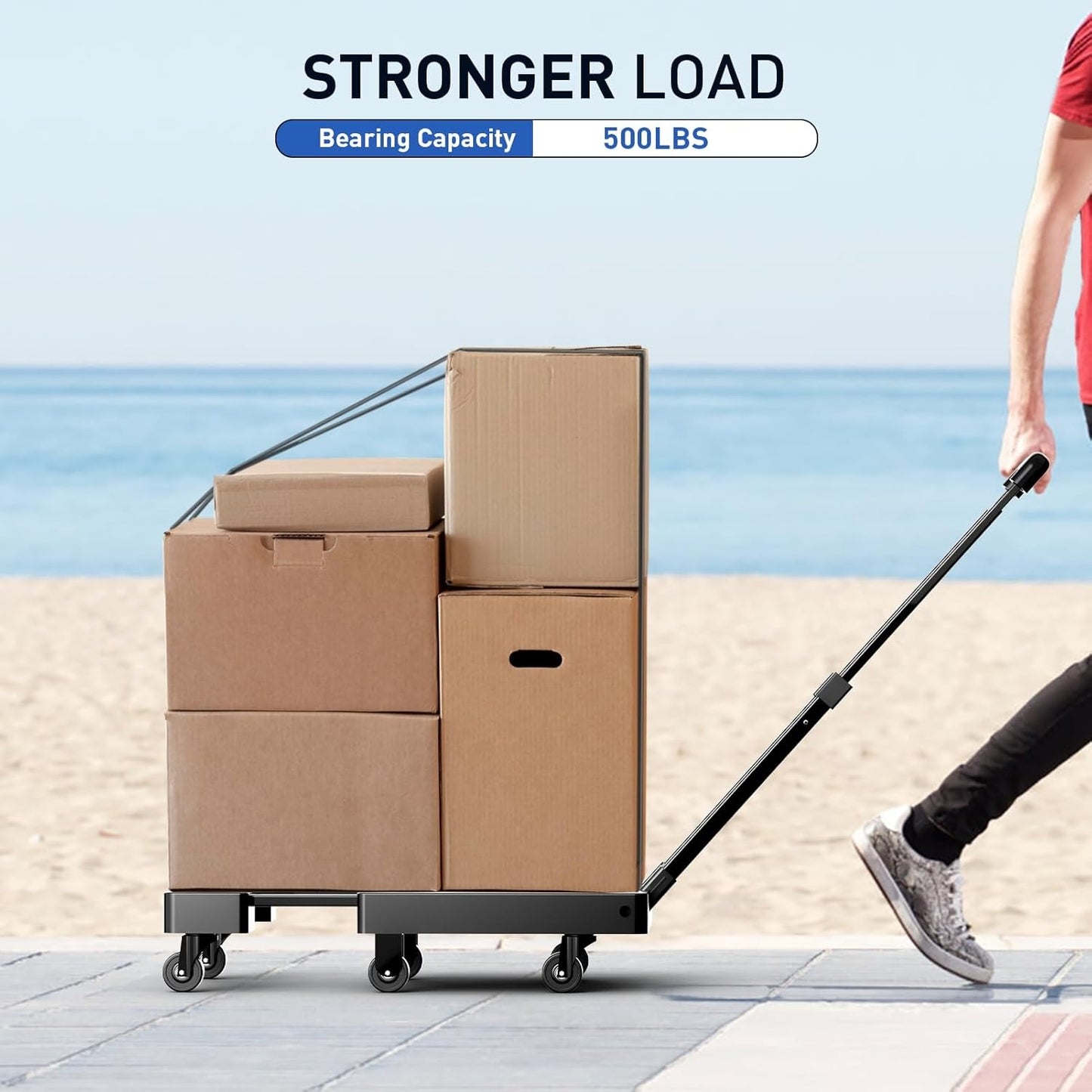 Folding Hand Truck 500 Lbs Heavy Duty, 6-Wheel Collapsible Dolly Cart with Extendable Base, Adjustable Telescoping Handle, 2 Elastic Ropes, Portable Luggage Cart for Moving Shopping Travel Industry