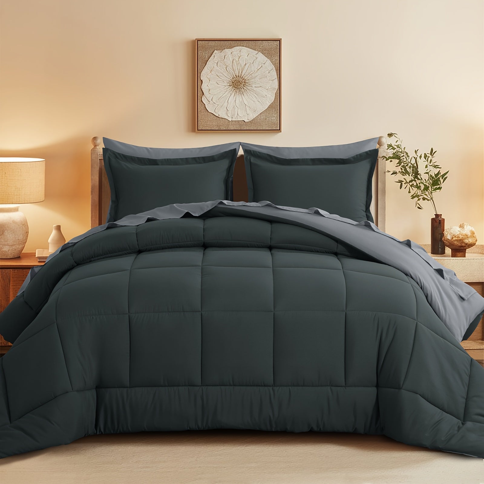 7pcs Reversible Bedding Set Soft Microfiber – Lightweight Breathable Comforter Flat Sheet Fitted Sheet & Pillowcases, All-Season Family Bedding Gift Set