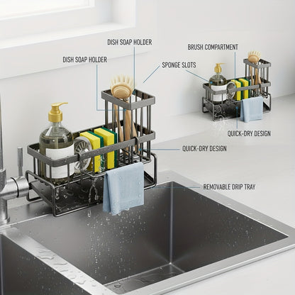 Carbon Steel Sink Caddy with Drain Tray & Divider – Heavy Duty Black Kitchen Sink Organizer, Rust Resistant Sponge Holder, Brush Holder & Countertop Rack for Kitchen Storage