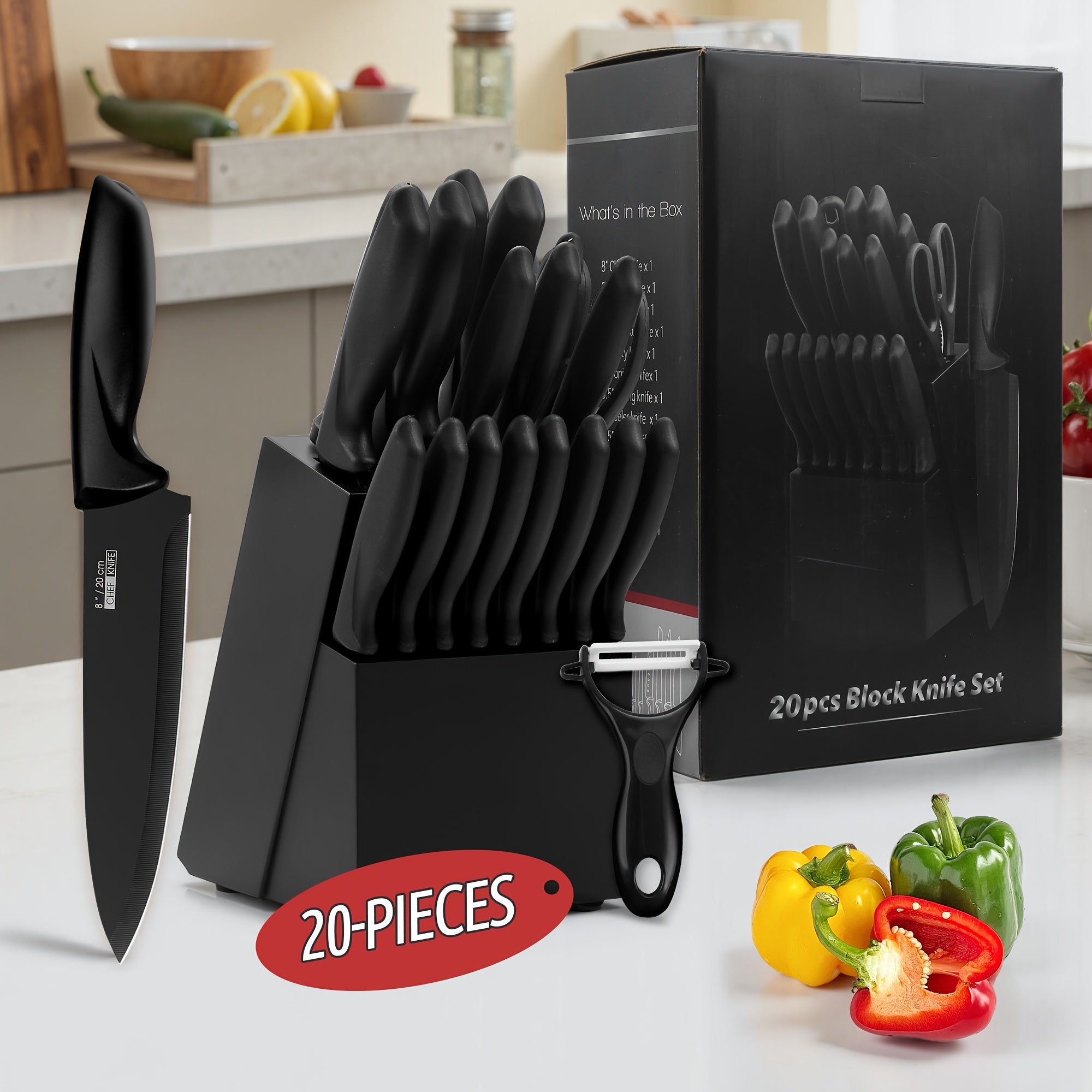 Hammer Pattern Full-Tang Knife Set with Wooden Block – Ultra Sharp Stainless Steel Kitchen Knives, 15/16/20-Piece, Ergonomic Handle, Restaurant & Home Use, Christmas Gift for Men | ShopVora CA