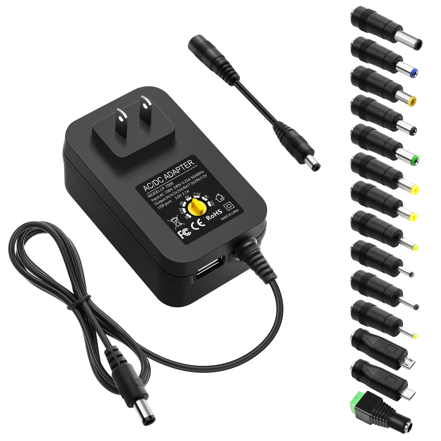 ALITOVE 30W Universal Power Supply Adjustable 3V-12V AC/DC Adapter with USB Port & 14 Tips - 100-240V Input, 2.5A Max Output, Overheat & Short-Circuit Protection for Electronics & DIY Projects