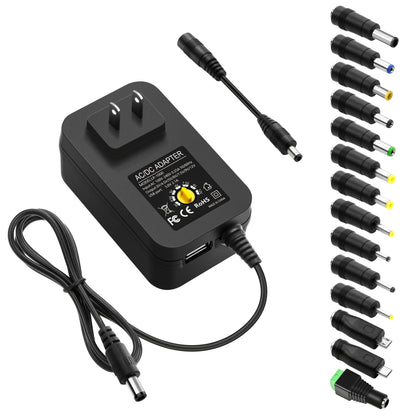 ALITOVE 30W Universal Power Supply Adjustable 3V-12V AC/DC Adapter with USB Port & 14 Tips - 100-240V Input, 2.5A Max Output, Overheat & Short-Circuit Protection for Electronics & DIY Projects